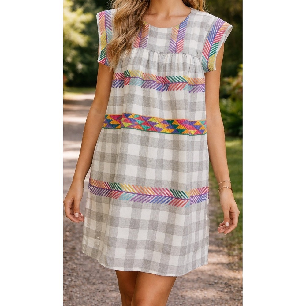 J.‎ Marie Grey Gingham Embroidered Shift Dress JM1218 Womens Large Cap Sleeve